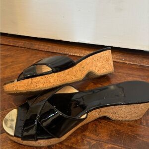 Black Patent Leather Wedge Sandals